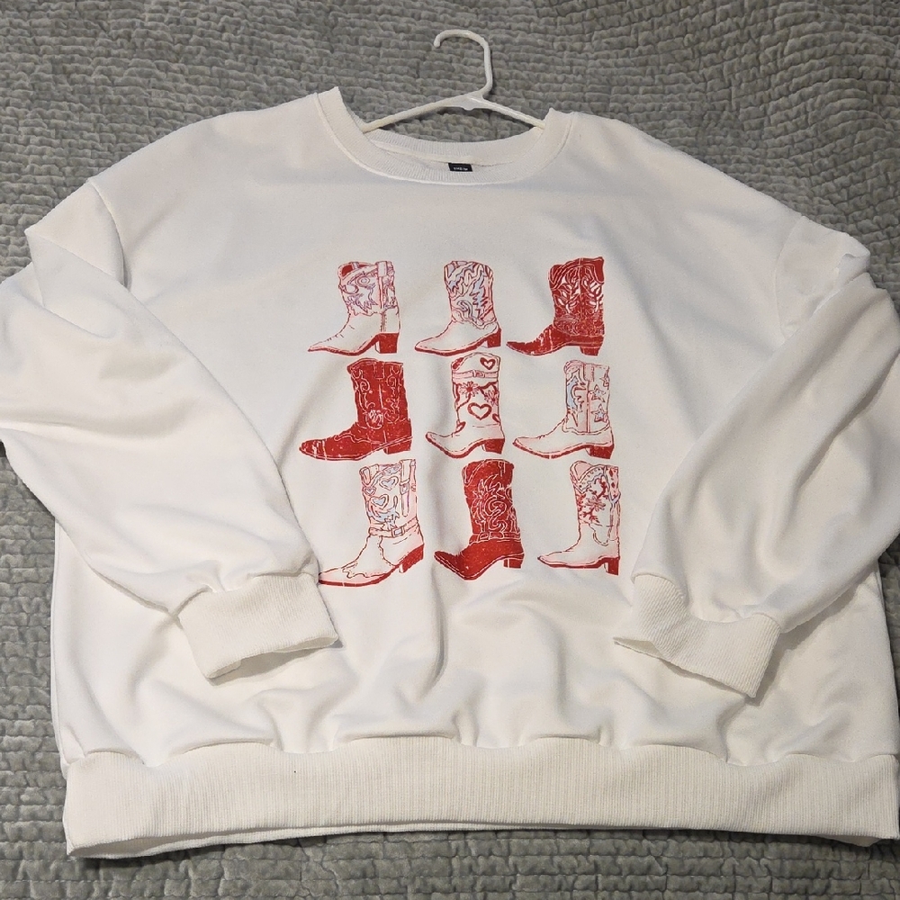 White Sweater with Red Boot Print